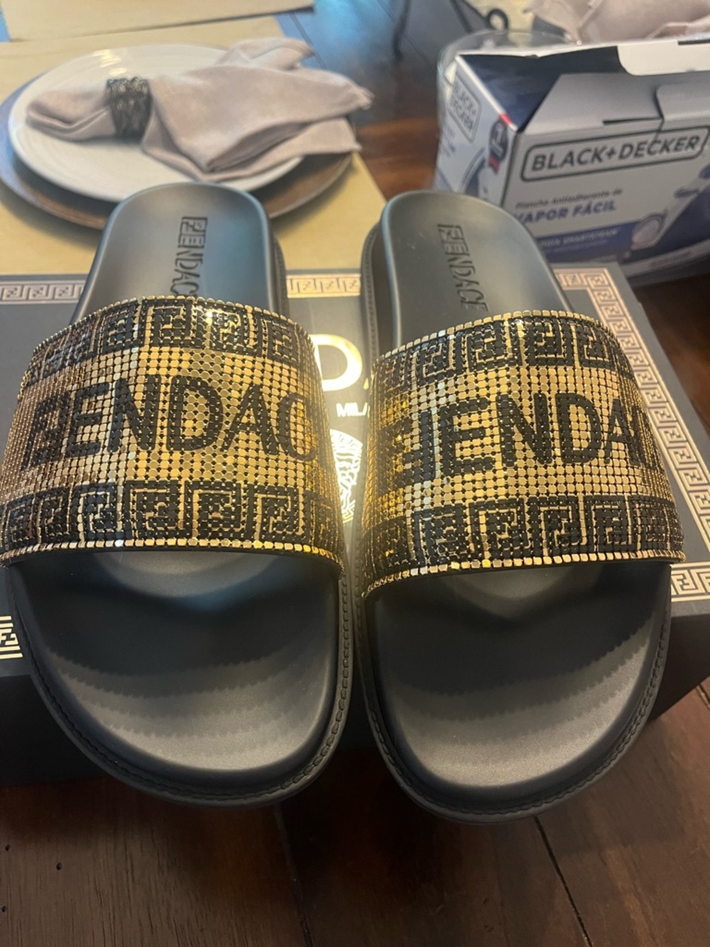 Fendi Black Slide Sandals with Gold Beaded Strap